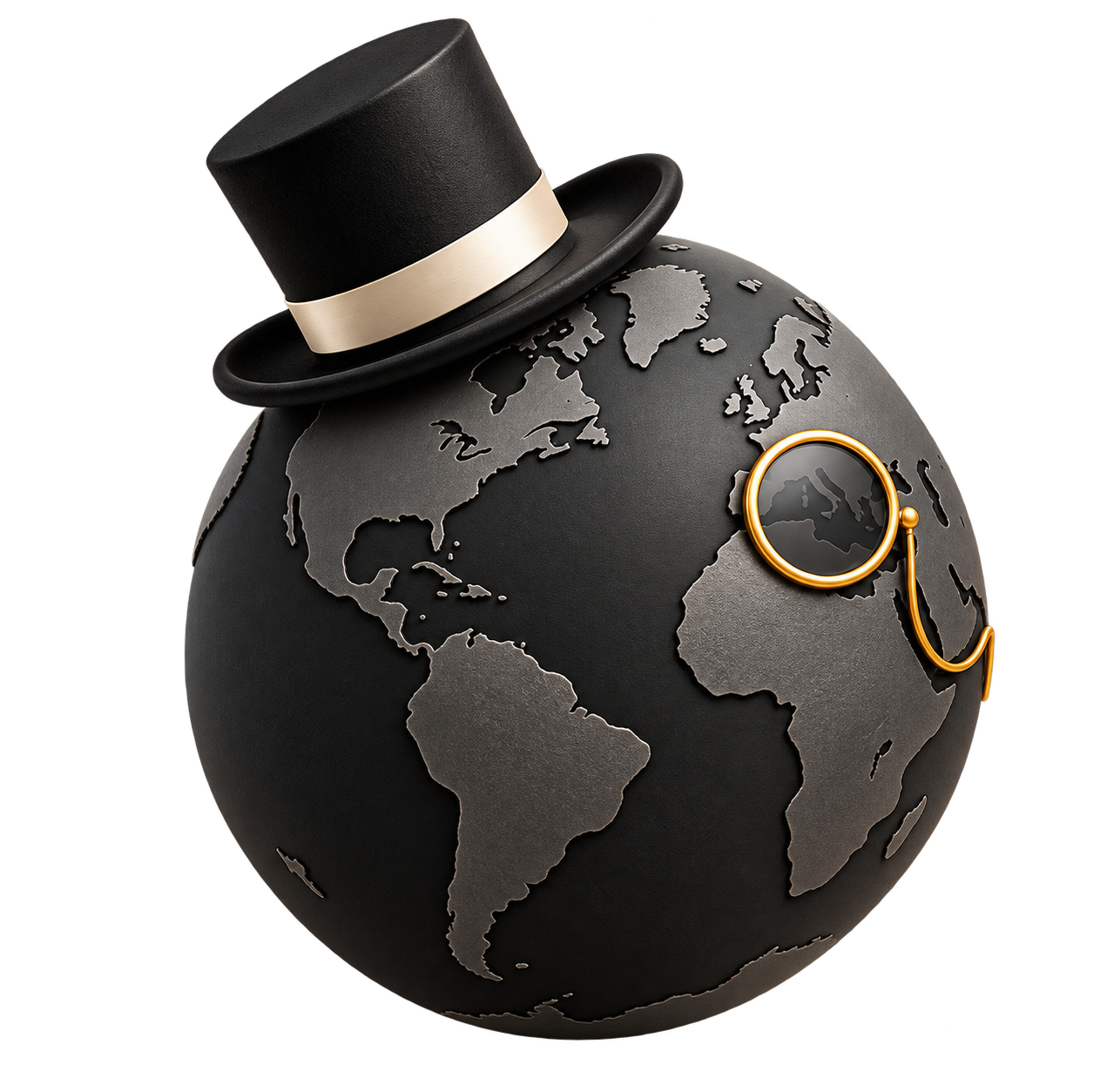 A charcoal Earth wearing a top hat and monocle